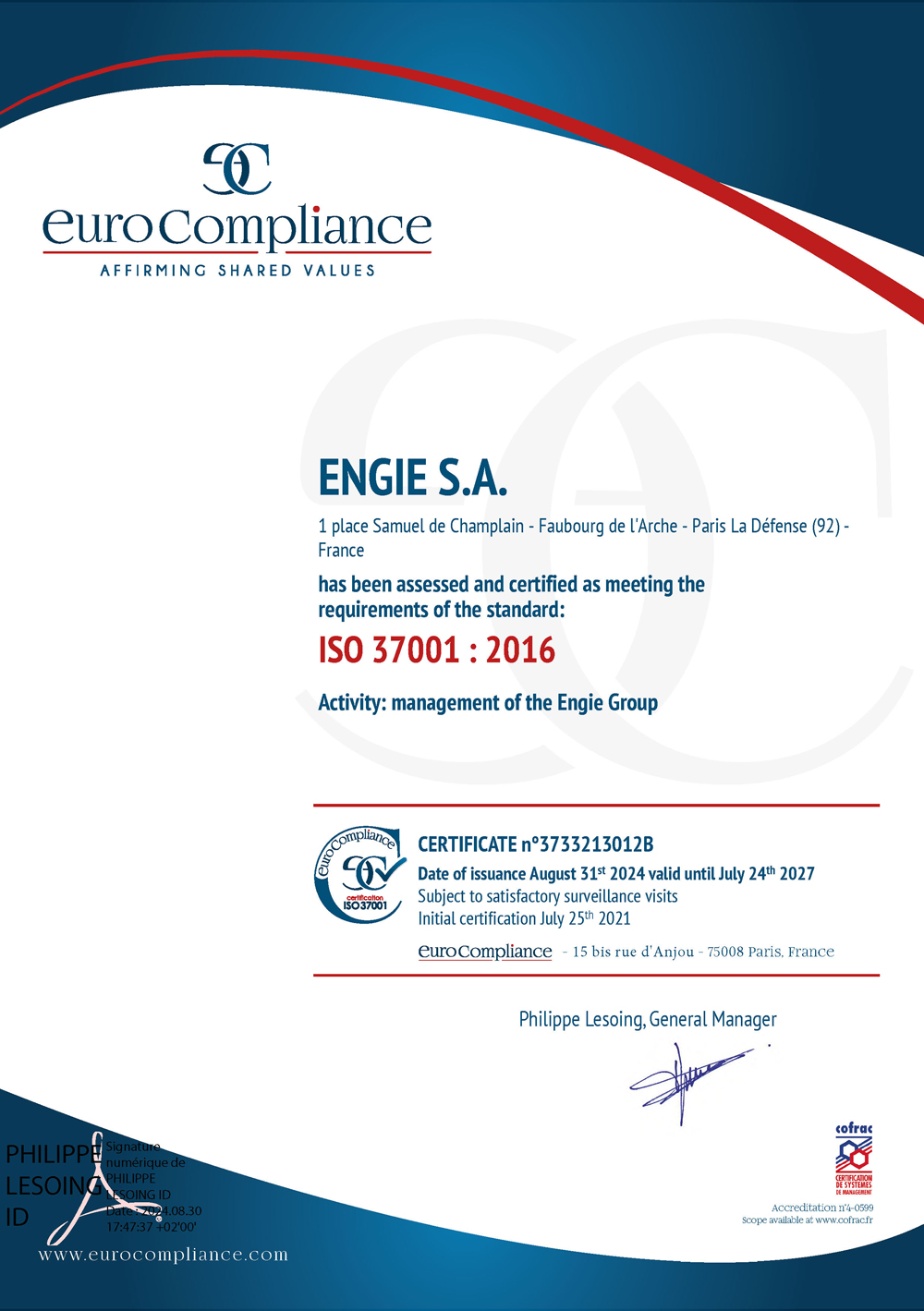 CERTIFICAT ISO 37001_ENGIE S.A. 2024-2027