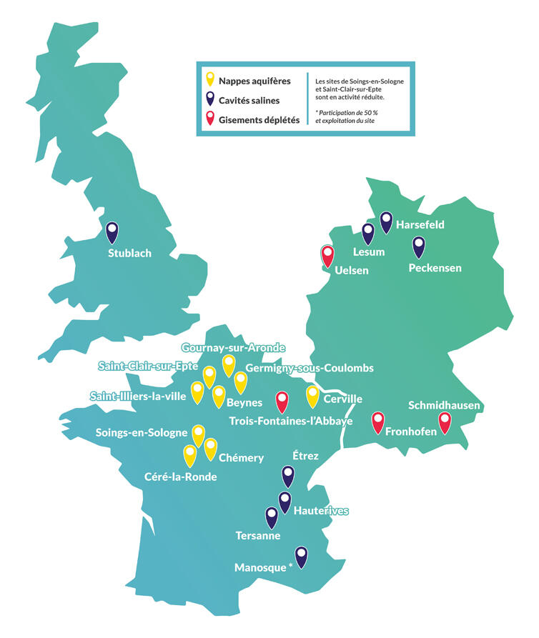Emplacements des sites de stockage de Storengy en Europe Emplacements des sites de stockage de Storengy en Europe